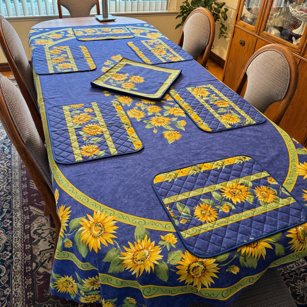 Vintage Sylvie Jourdan Blue Yellow Sunflower Tablecloth Made in France Cotton